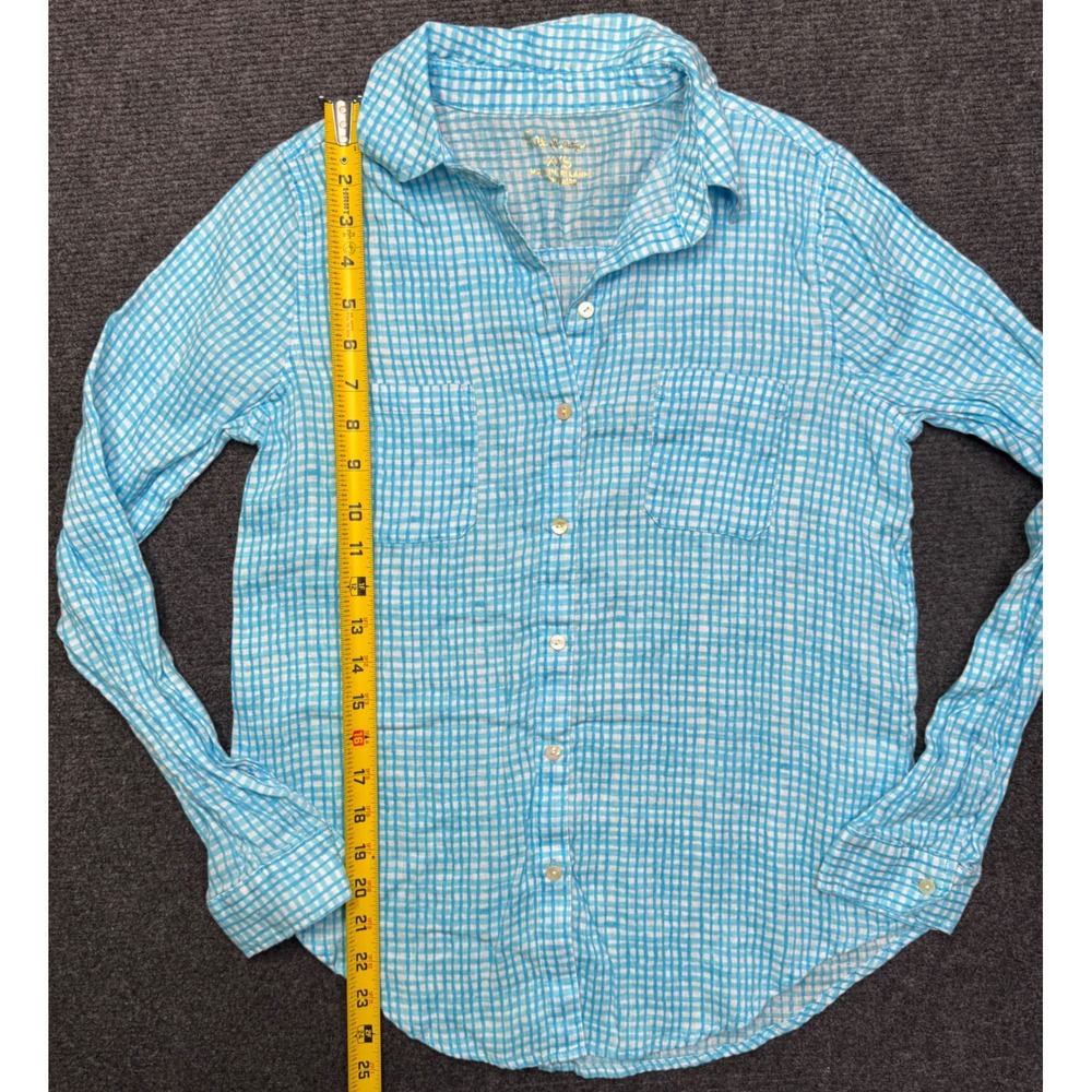 Lilly Pulitzer Sea View Linen Button Down Top Womens XXS Gingham Plaid Blue - Picture 7 of 7